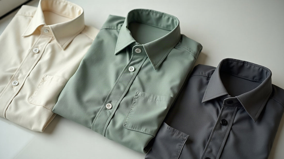 Flat lay of folded ecru, sage and charcoal cotton shirts showing weave texture and collar roll in window light.