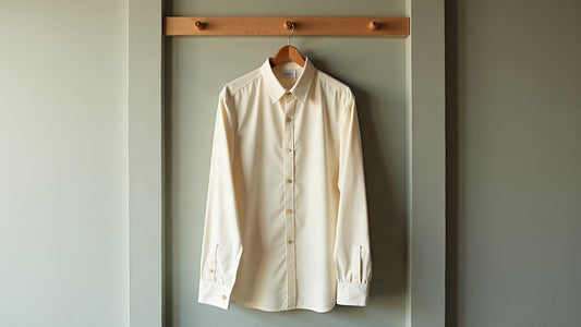 Well-pressed ecru men's shirt on a wooden hanger against a neutral wall in soft natural light.