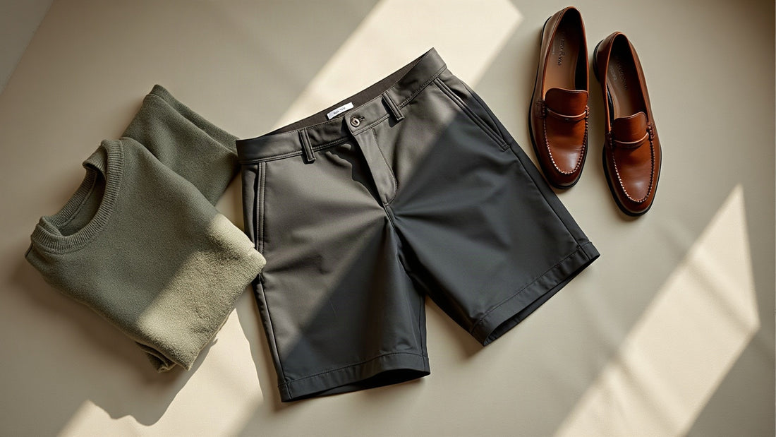 Tailored charcoal shorts flat lay with folded sage knit and loafers on ecru linen in soft natural light.