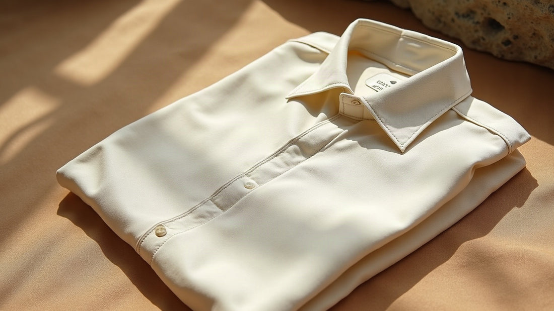 Ecru linen shirt flat lay on sand and stone tones in soft morning light showing natural texture.
