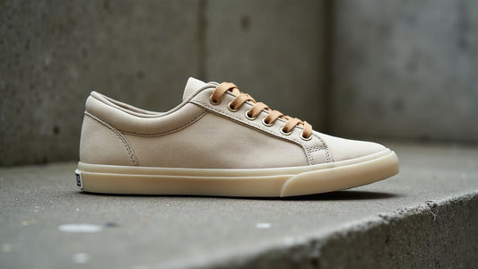 Vulcanised ecru canvas skate shoe on a concrete ledge in overcast light, muted tones.