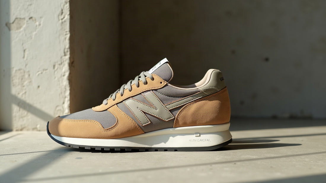 Side profile of a suede and mesh heritage-athletic low-top runner on concrete in a muted neutral palette.