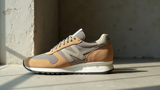 Side profile of a suede and mesh heritage-athletic low-top runner on concrete in a muted neutral palette.