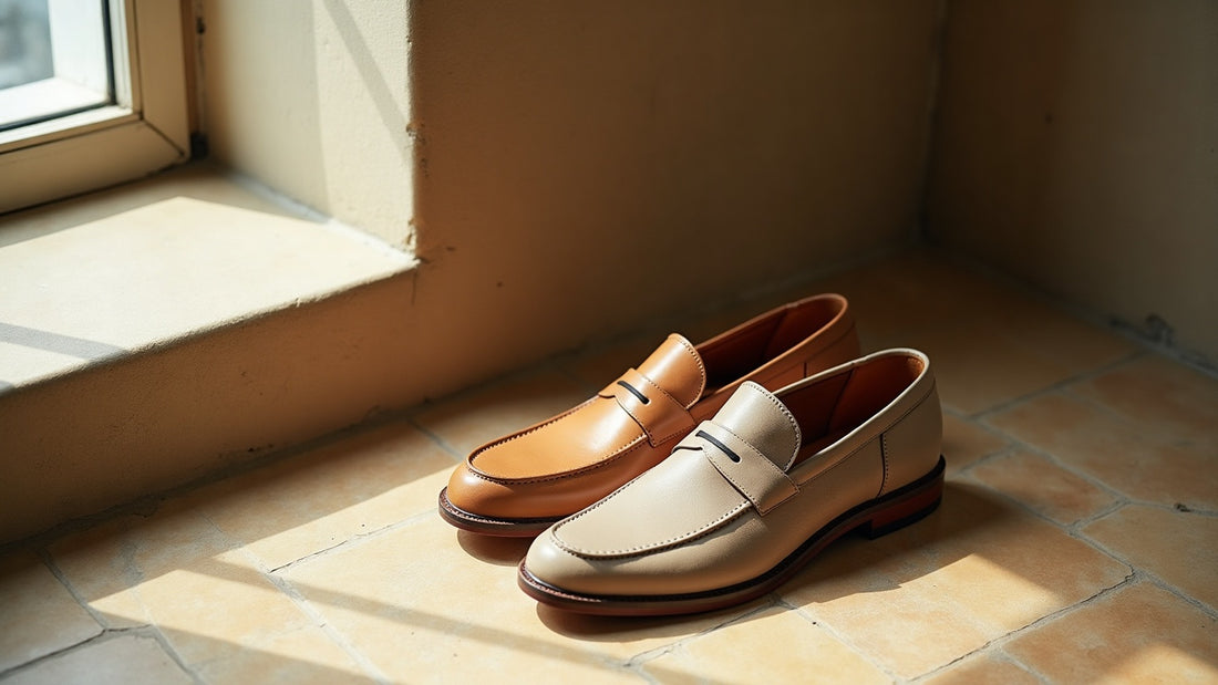 Camel leather loafer and ecru low-top trainer paired on a warm stone floor in soft coastal light.