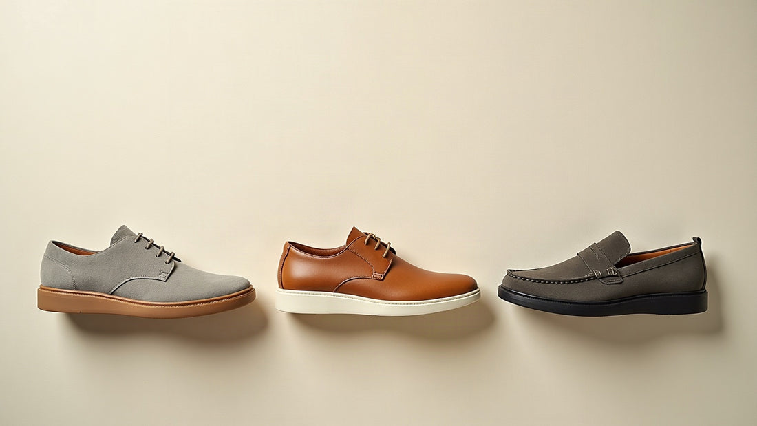 Flat lay trio of neutral men's casual shoes: grey suede sneaker, camel loafer, charcoal derby on ecru.