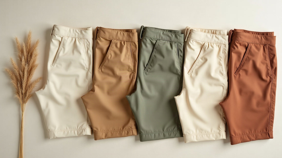 Folded men's linen trousers and cotton shorts in sun-faded bone, camel and clay tones on ecru linen.