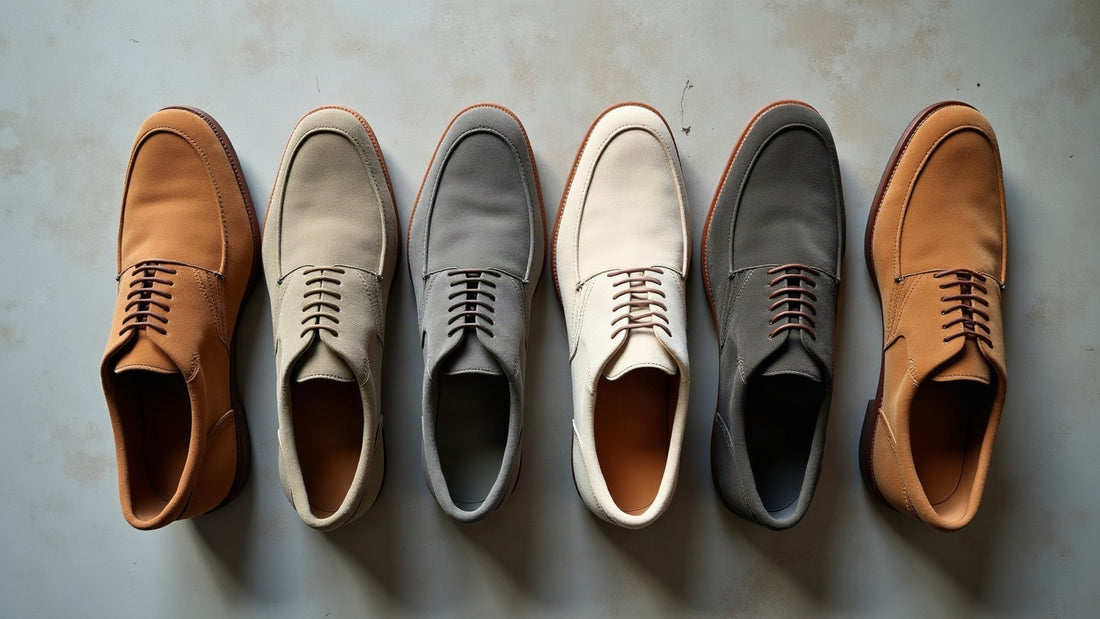 Overhead flat lay of men's suede shoes in camel, stone grey and sage Mediterranean neutrals with soft shadow.