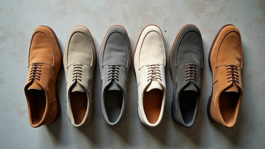Overhead flat lay of men's suede shoes in camel, stone grey and sage Mediterranean neutrals with soft shadow.
