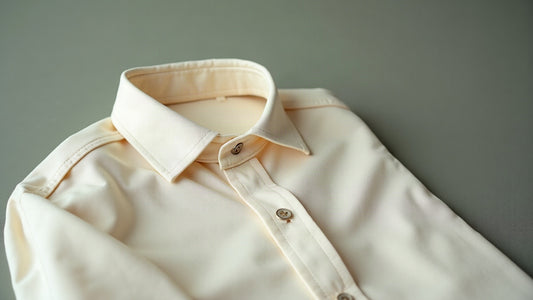 Close-up of an ecru cotton dress shirt collar in soft side window light showing natural texture and collar roll.
