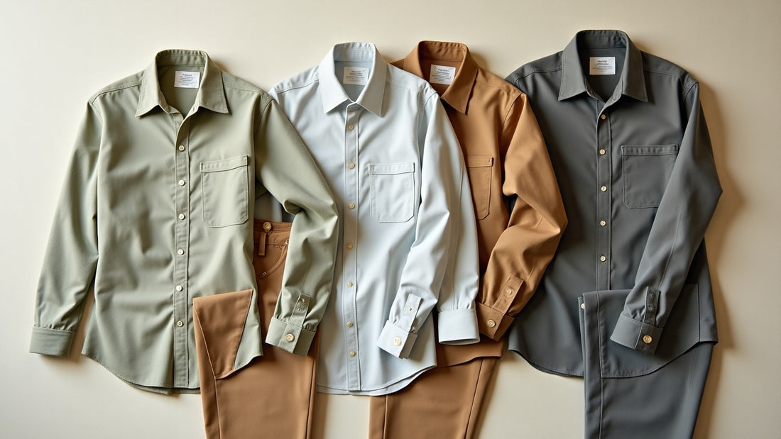 Flat lay of folded neutral men's shirts and trousers in a spring smart-casual capsule under soft daylight.