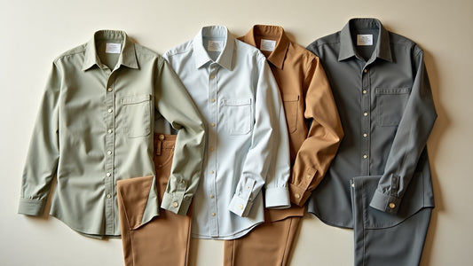 Flat lay of folded neutral men's shirts and trousers in a spring smart-casual capsule under soft daylight.