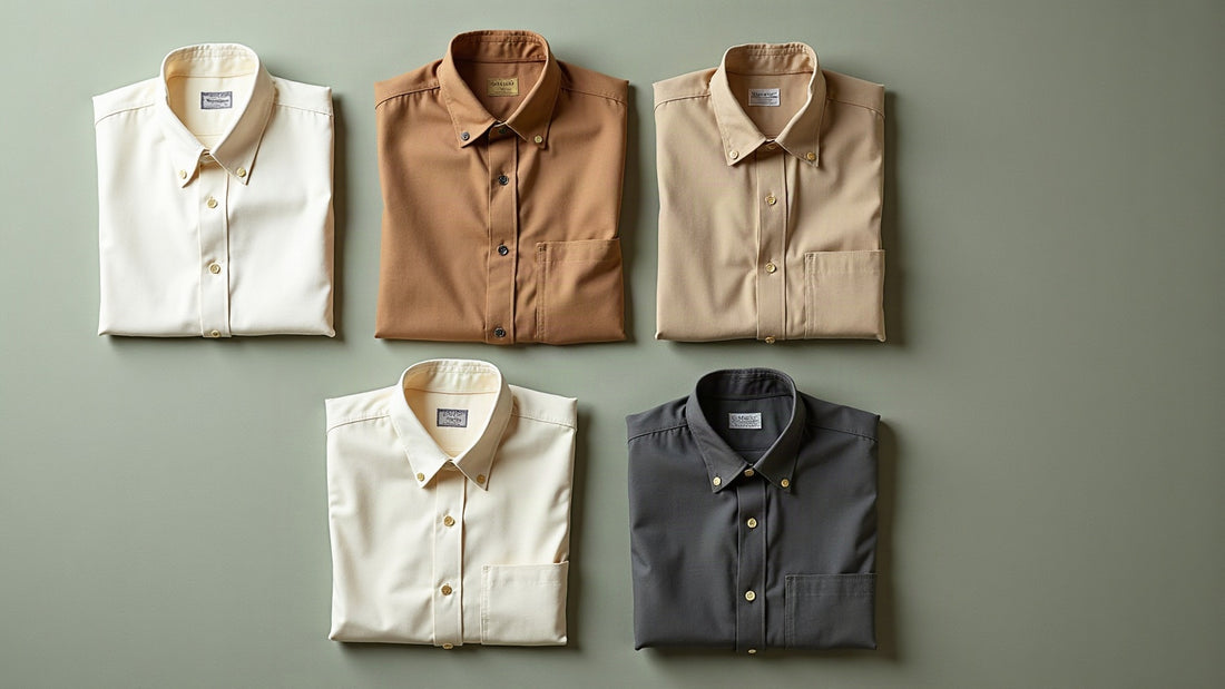 Folded neutral men's shirts in bone, ecru and camel arranged as a flat lay on soft sage linen.