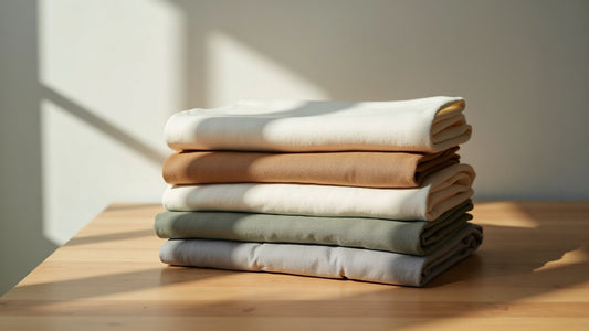 Five folded men's warm-weather trousers in muted neutral tones stacked on a wooden surface in quiet daylight.