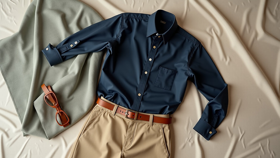 Navy shirt and beige linen trousers flat lay in soft morning light on neutral linen backdrop.