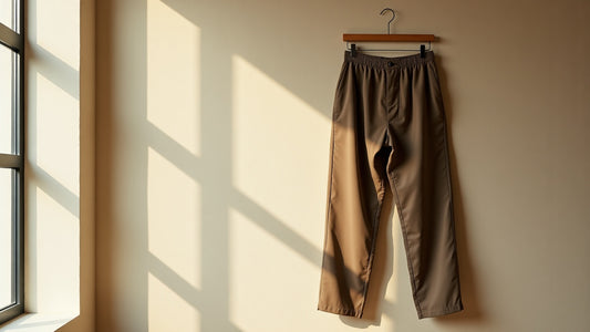 Warm camel and stone grey men's neutral trousers draped over a wooden hanger in soft natural light.