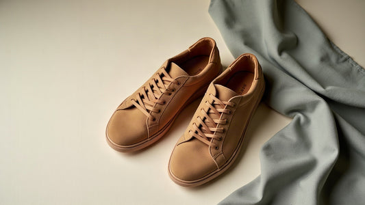 Camel suede low-top men's shoes on ecru linen in soft morning light, quiet luxury summer footwear flat lay.