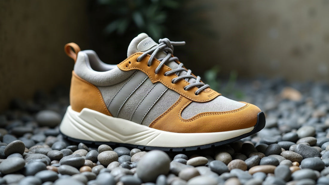 Vintage suede and mesh low-profile trail sneaker on grey gravel in muted natural tones.