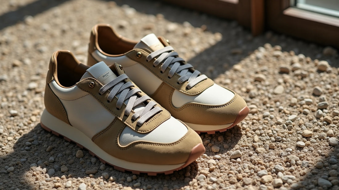 Low-top retro runner in muted camel and stone grey tones on gravel with soft editorial shadows.