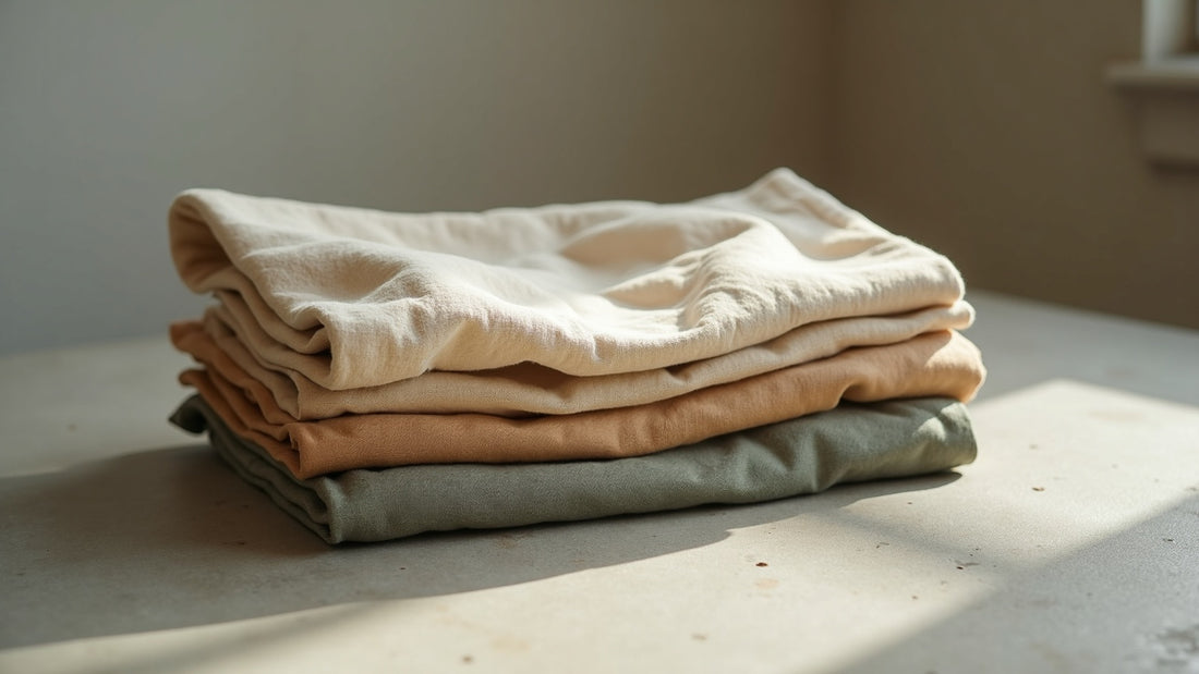 Stack of pigment-dyed washed cotton trousers in camel, sage and stone grey folded in soft natural light.
