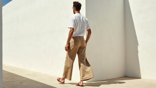 Man in wide-leg linen trousers walking past a whitewashed wall in soft coastal summer light.