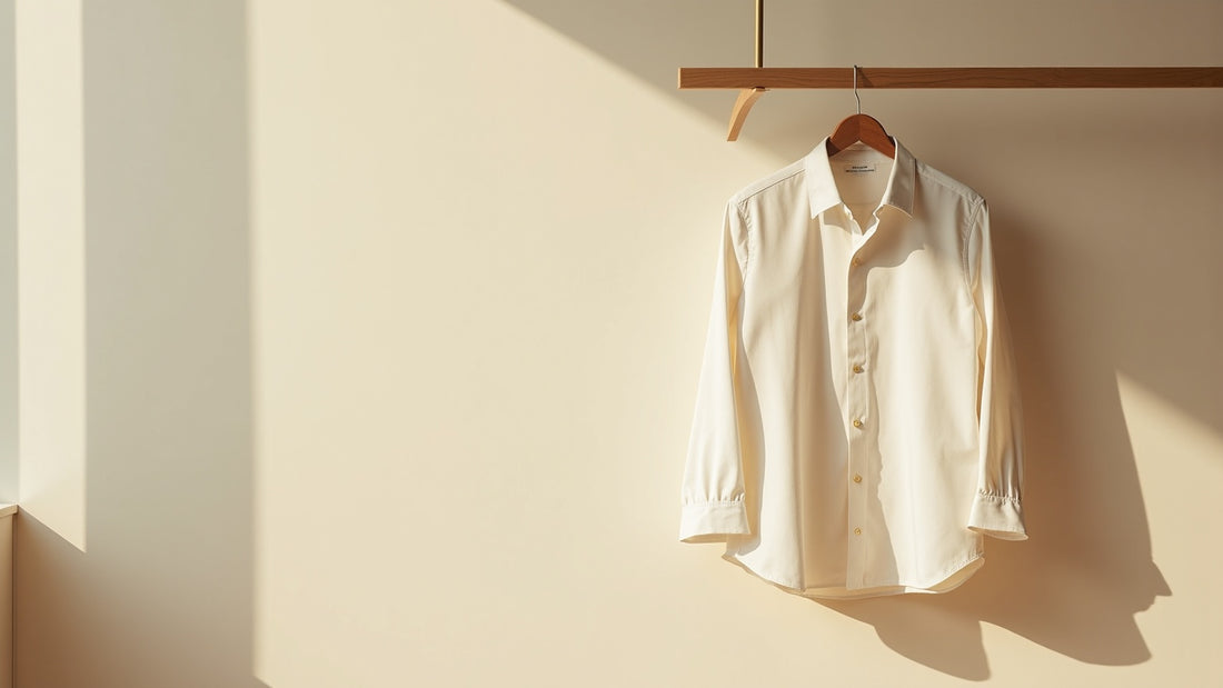 Crisp white men's shirt on a wooden hanger against a neutral ecru wall in soft natural light.