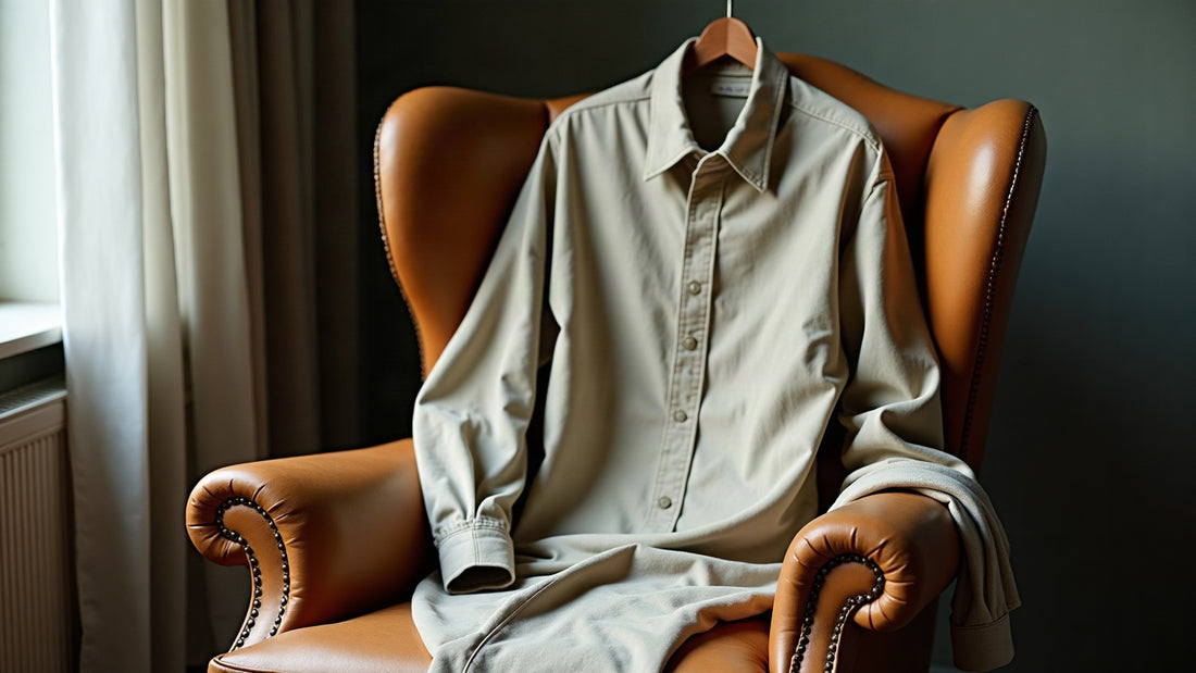 Ecru oxford shirt draped over a weathered camel leather chair in muted editorial menswear tones.