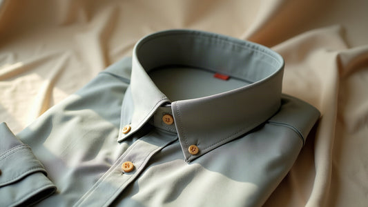 Close-up of a men's dress shirt collar roll and cuff on neutral linen in soft editorial studio light.
