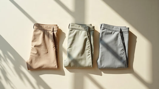 Folded men's linen trousers and Bermuda shorts flat lay in sun-faded ecru, sage and camel tones.