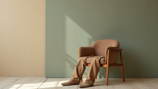 Camel earth-tone men's trousers draped over a sage wooden chair in soft natural window light.