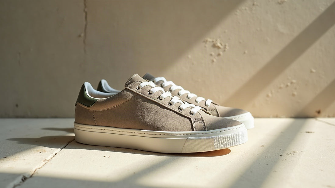 Suede low-top heritage tennis sneaker on pale concrete in raking side light, muted quiet-luxury tones.