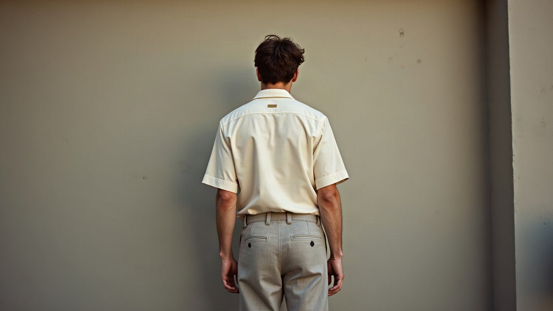 Man's bone linen shirt tucked into stone grey trousers against a muted city wall in soft light.