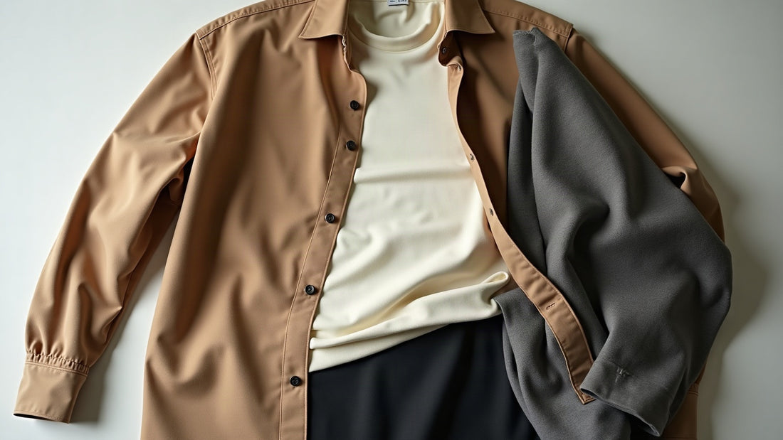 Muted camel overshirt layered over ecru tee in a tonal menswear capsule flat lay in soft daylight.