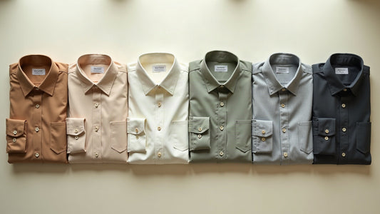 Overhead flat lay of folded men's shirts in neutral tones arranged by colour, soft natural light.