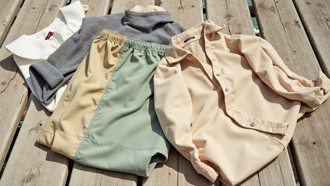 Folded men's board shorts and linen shirt on a sun-bleached coastal deck in soft natural light.
