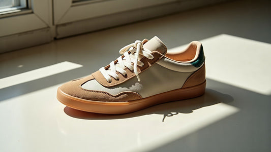 Camel suede low-top heritage runner with gum sole on pale concrete in raking morning light.