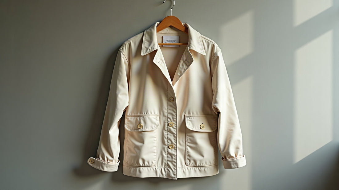 Ecru canvas chore jacket on a wooden hanger in soft daylight against a neutral stone grey backdrop.