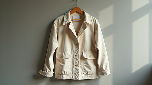 Ecru canvas chore jacket on a wooden hanger in soft daylight against a neutral stone grey backdrop.