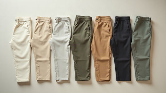 Overhead flat lay of five folded linen trousers in muted tones on bone linen in soft morning light.