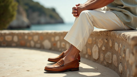Man in camel-brown loafers and white linen trousers seated on a stone ledge in warm Riviera light.