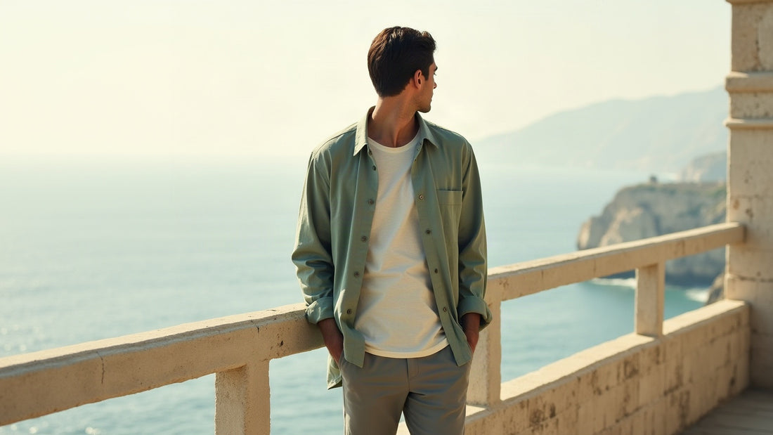 Man in open sage linen overshirt over bone tee on a coastal terrace in warm afternoon light.