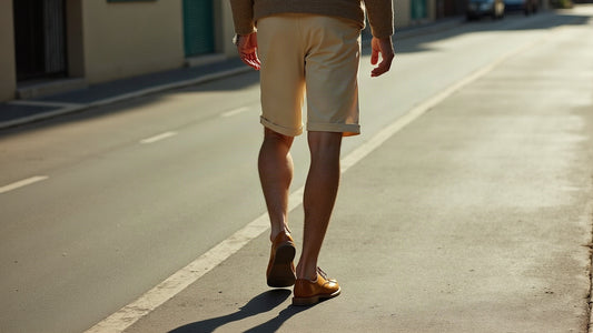 Man walking in tailored ecru shorts and camel leather shoes on sun-faded city pavement, waist-down view.