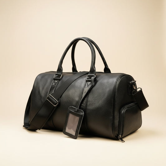 Black pebbled leather weekend holdall with rolled handles, detachable shoulder strap, and leather ID tag on warm neutral studio backdrop.
