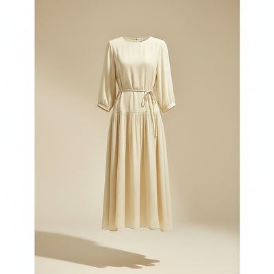 IVORY PLEATED SILK MIDI DRESS