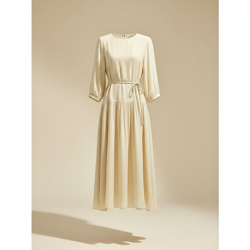 IVORY PLEATED SILK MIDI DRESS