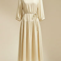 IVORY PLEATED SILK MIDI DRESS