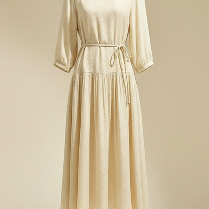 IVORY PLEATED SILK MIDI DRESS