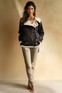 BROWN SHEARLING AVIATOR MOTO JACKET