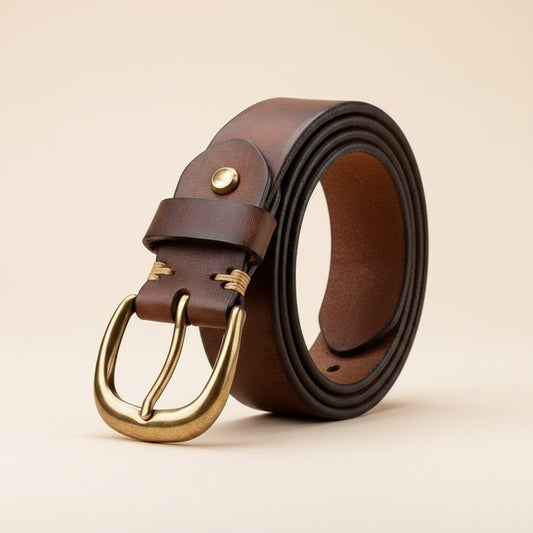 Coiled full-grain brown leather belt with aged brass D-shaped pin buckle and hand-stitched keeper loop on warm neutral studio backdrop.