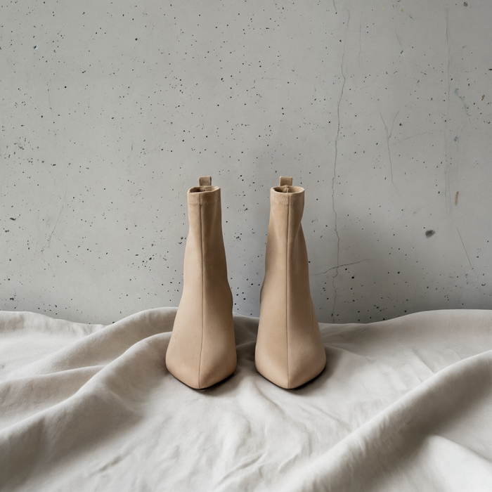 BEIGE POINTED SUEDE SOCK ANKLE BOOT