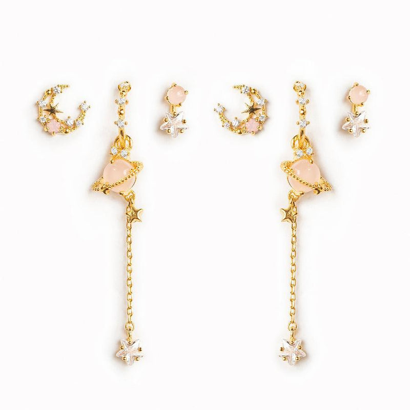 NIGHT CYCLE EARRINGS — MOON, STAR & SATURN DROP